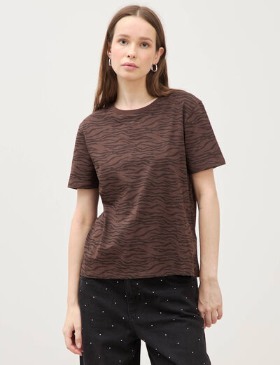 T-shirt droit col rond manches courtes marron chocolat femme