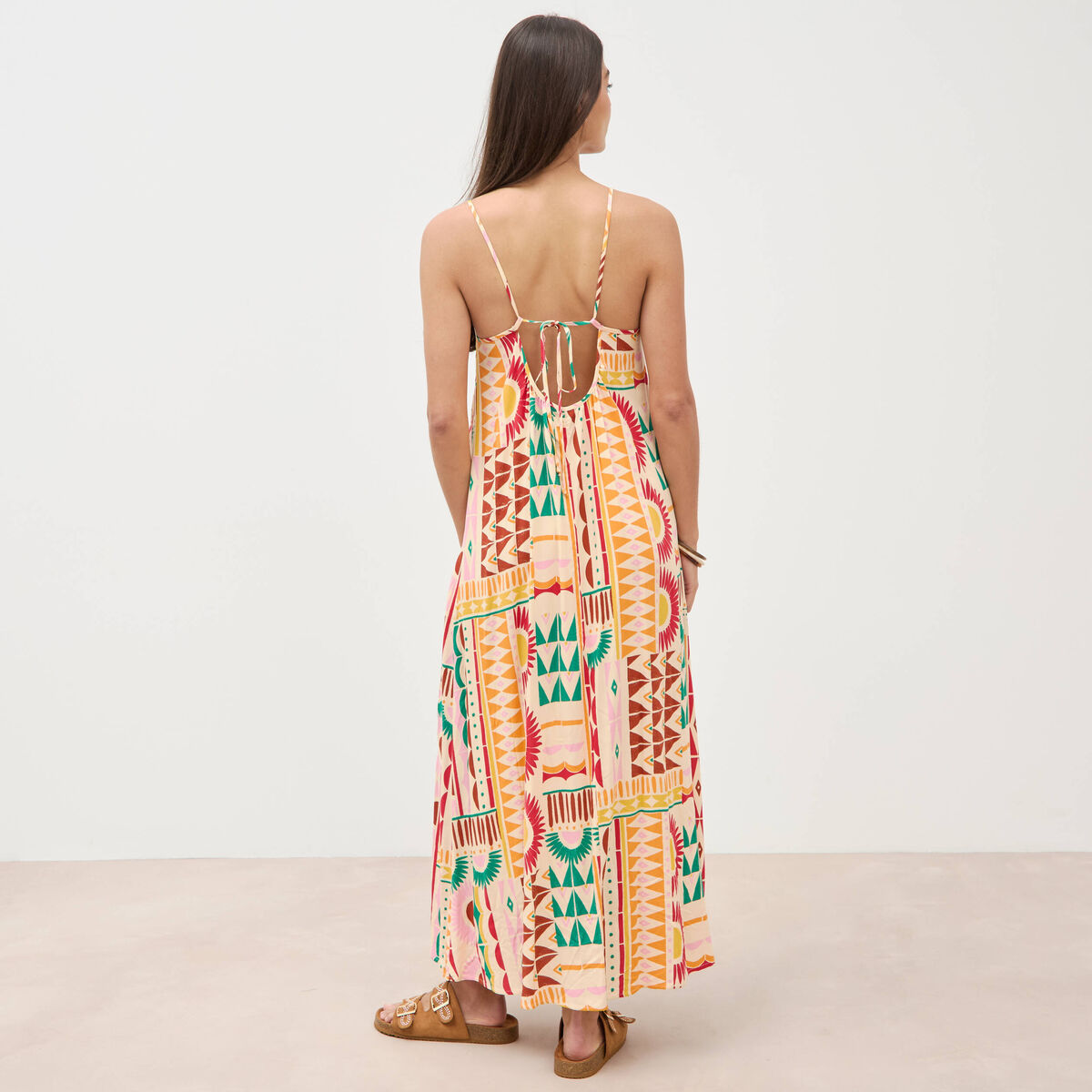 Robe longue fines bretelles col rond multicolore femme