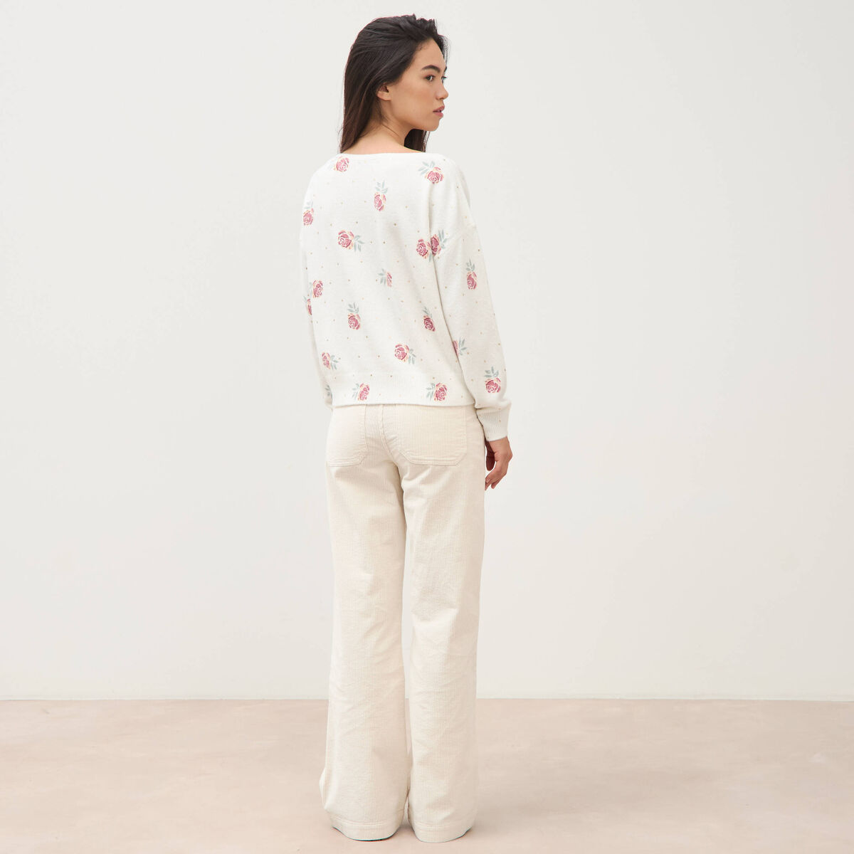 Pull col bateau manches longues ecru femme