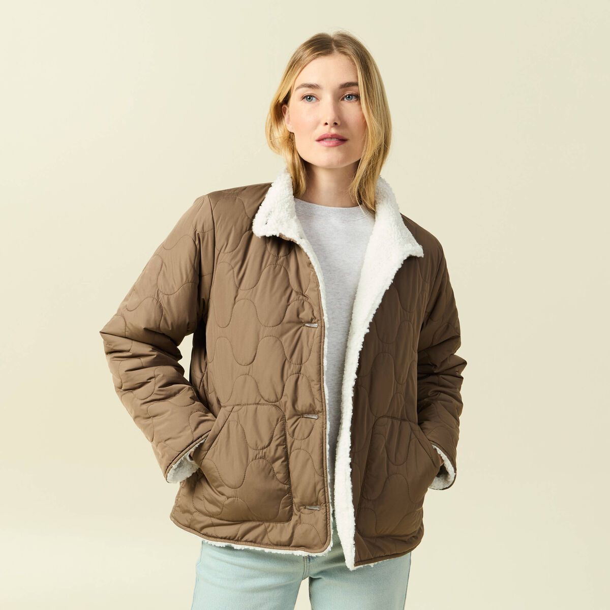 Parka courte droite effet polaire marron clair femme