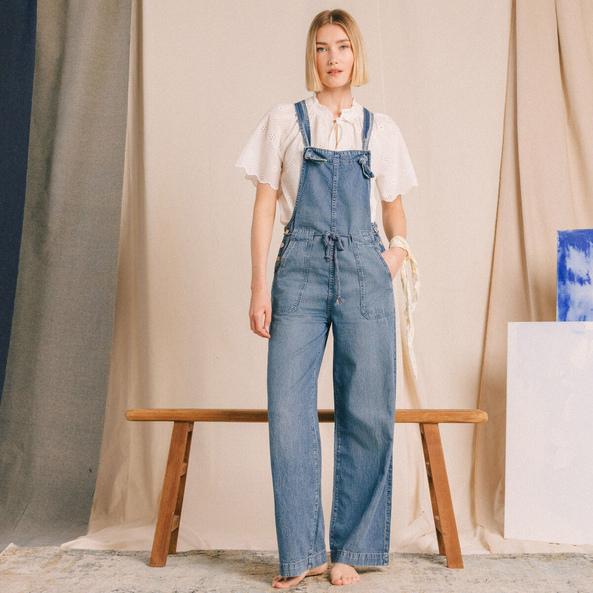 Salopette loose en jeans denim bleach femme