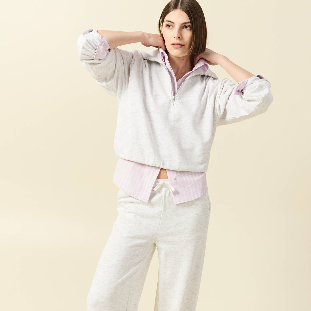 Sweat manches longues col camionneur gris femme