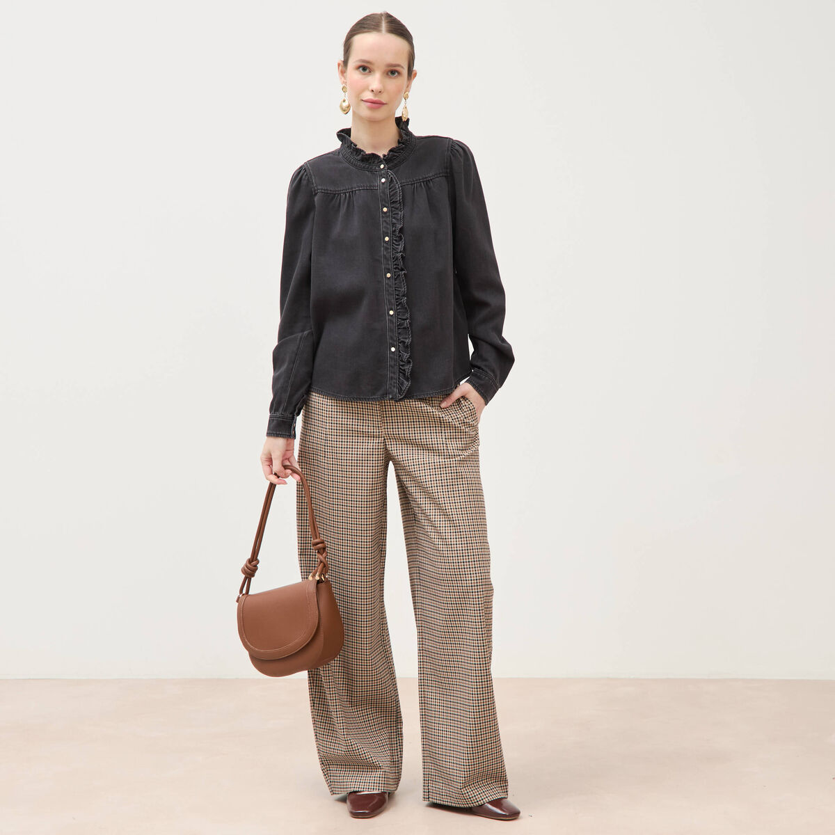 Pantalon barrel bas resserr&eacute; &agrave; carreaux ficelle femme