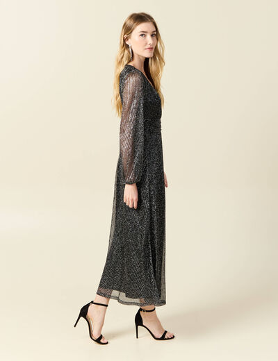 Robe longue fils métallisés noir femme