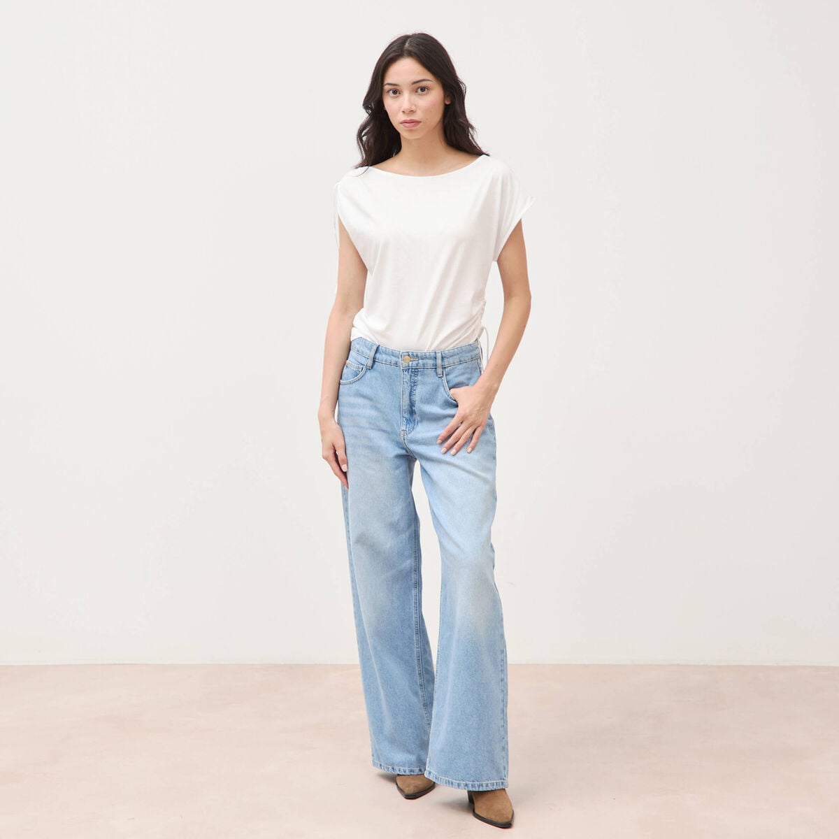 T-shirt col bateau manches courtes ecru femme