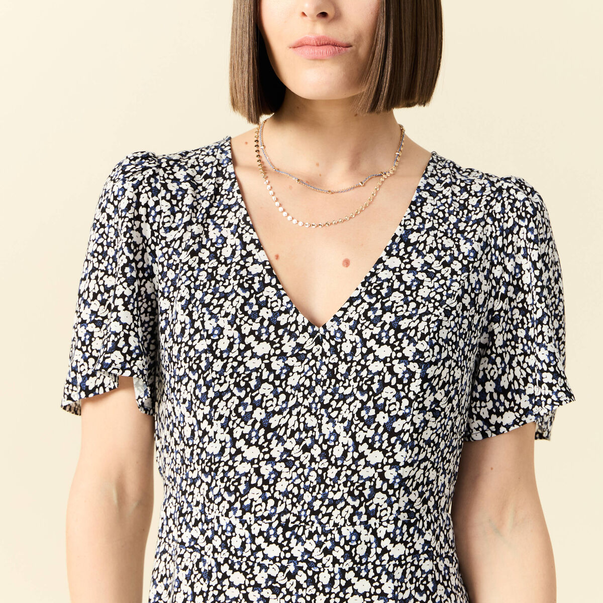Robe longue droite col v manches courtes bleu femme
