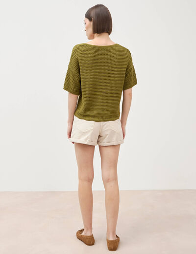 Pull col rond manches courtes vert kaki femme