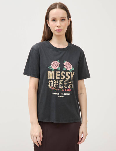T-shirt droit col rond manches courtes noir femme