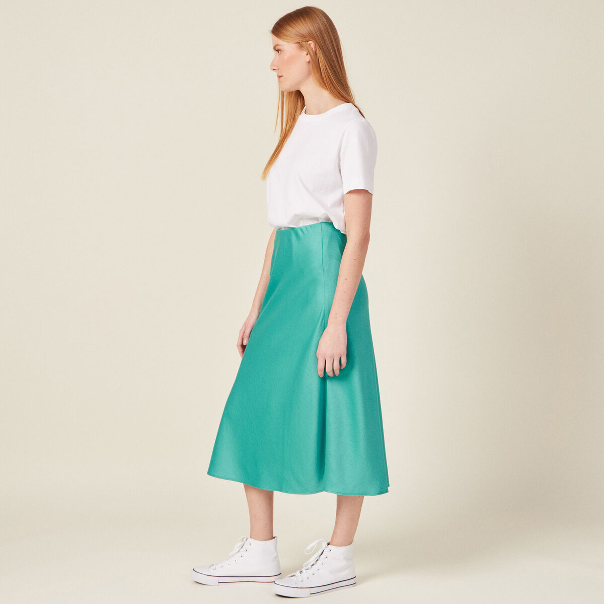 Jupe midi droite satin bleu turquoise femme