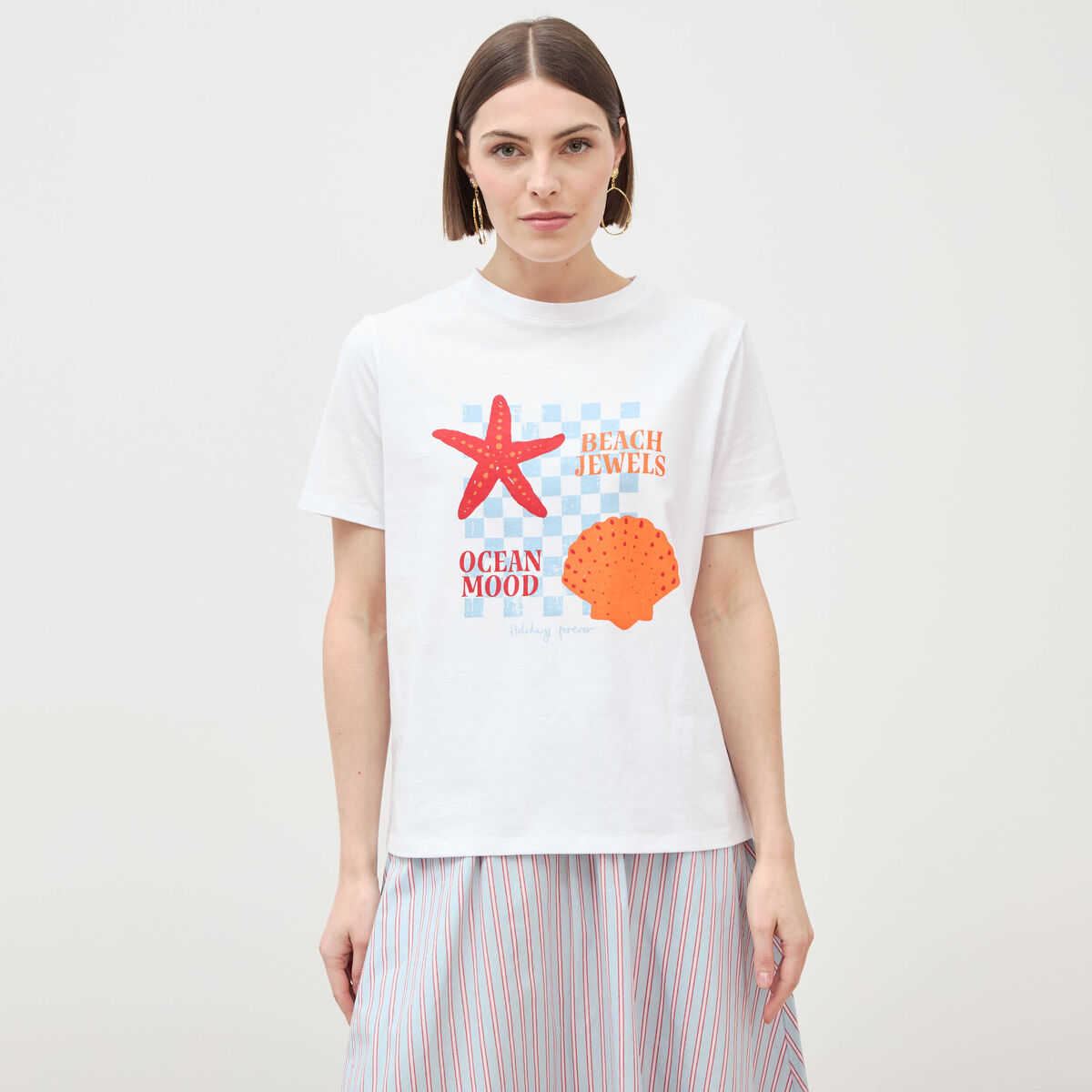 T-shirt droit col rond manches courtes blanc femme