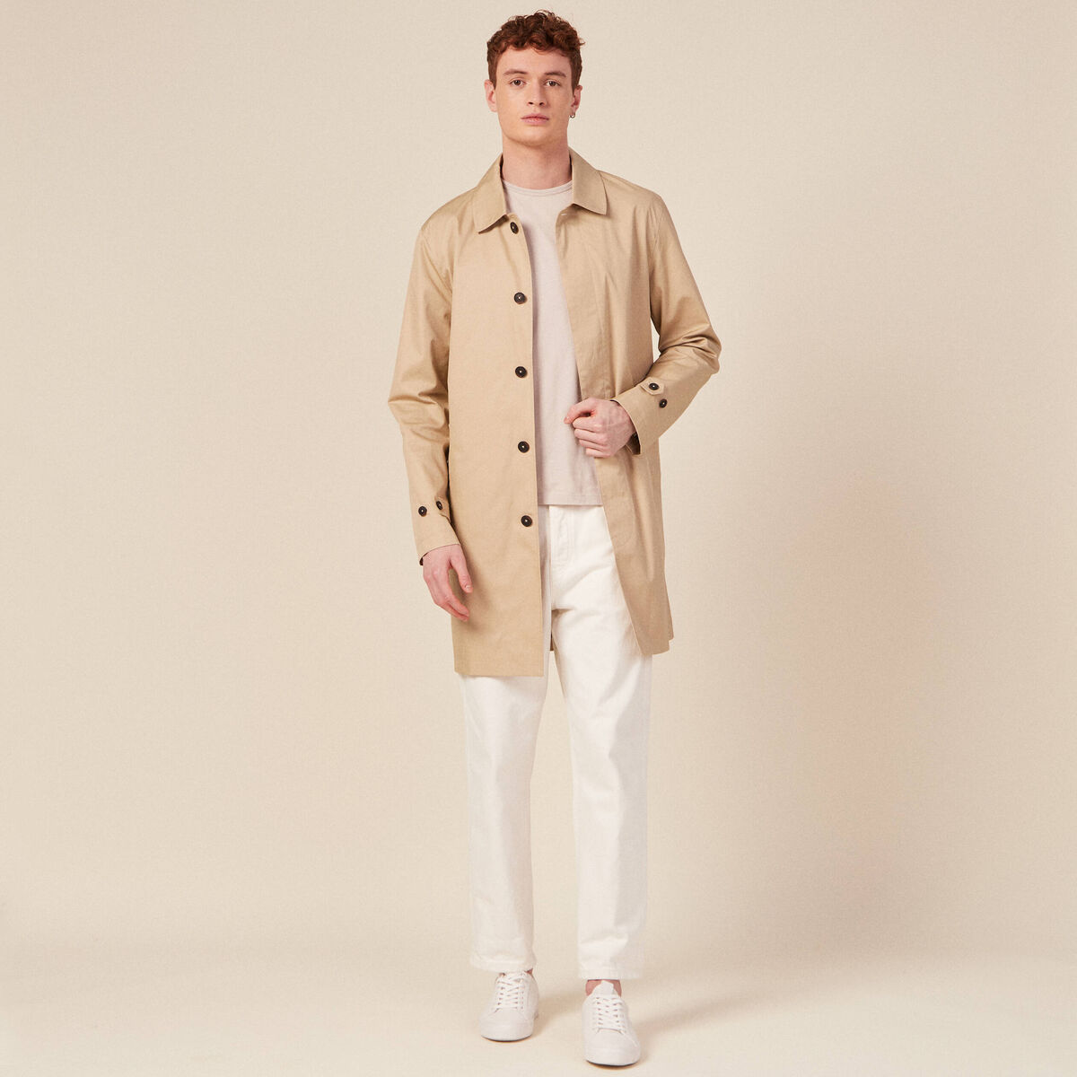 Blouson droit long en coton doubl&eacute; beige homme