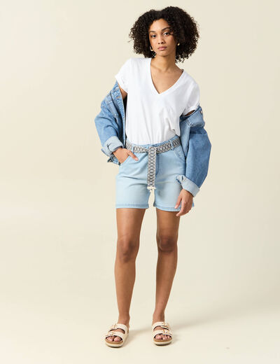 Short boyfriend ceinturé jean denim bleach femme