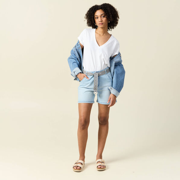 Short boyfriend ceinturé jean denim bleach femme