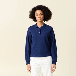 sweat manches longues col polo bleu fonce femme Sweat manches longues col polo bleu foncé femme