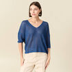 Pull ajour&eacute; col v manches 3/4 bleu marine femme