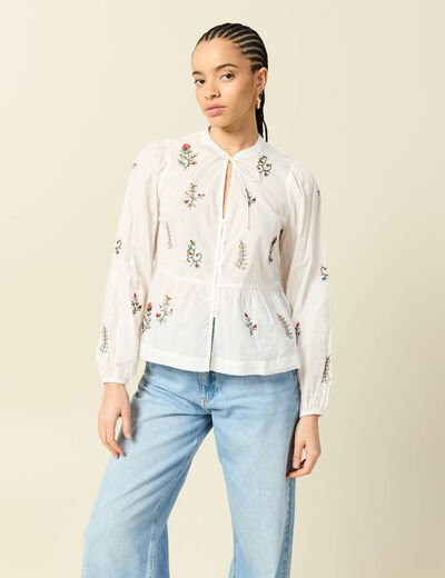Chemise brod&eacute;e en coton manches longues ecru femme