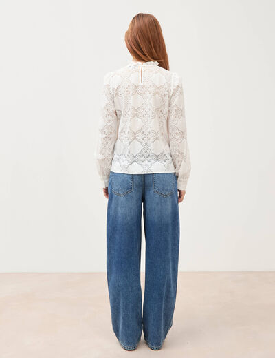 Blouse cintr&eacute;e dentelle manches longues ecru femme