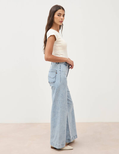 Jeans large taille haute denim bleach femme
