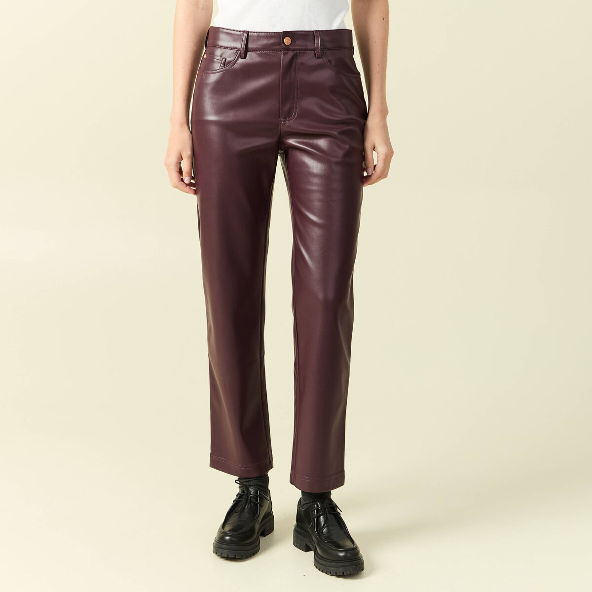 Pantalon taille haute similicuir prune femme