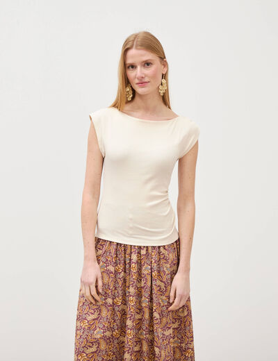 T-shirt col b&eacute;nitier manches courtes ivoire femme