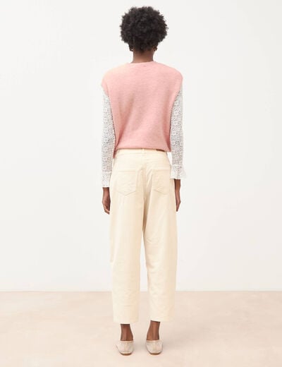 Pantalon taille haute velours resserr&eacute; ivoire femme