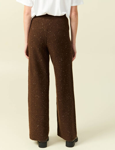 Pantalon large taille haute en maille marron fonc&eacute; femme