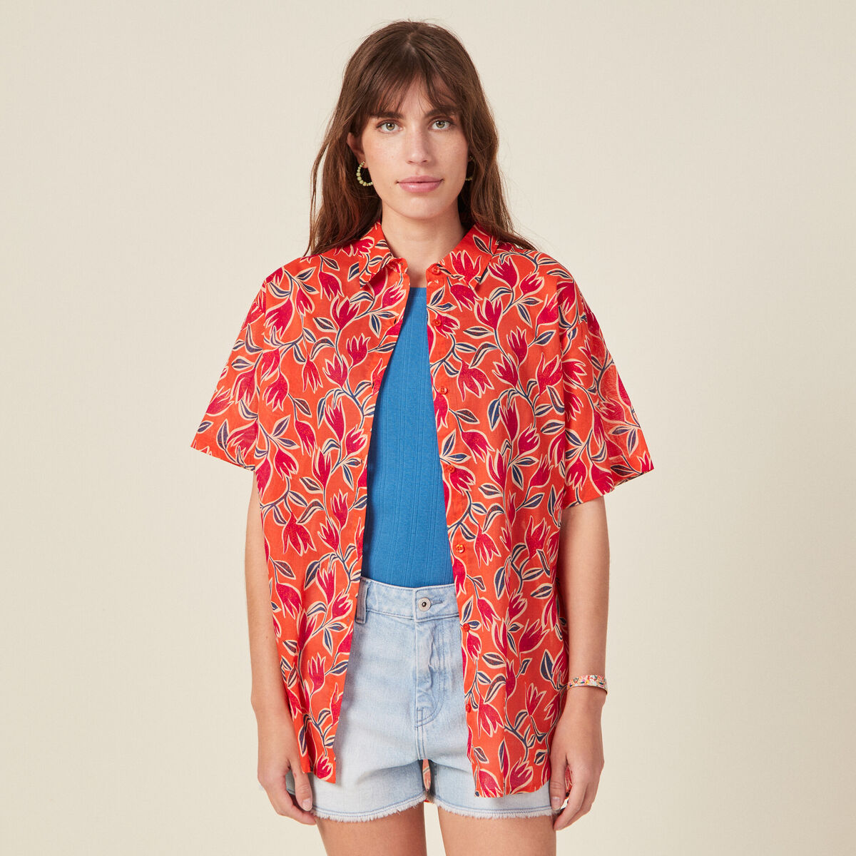 Chemise en coton manches courtes orange femme