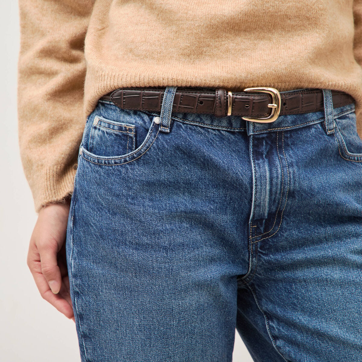 Ceinture fine en cuir marron femme