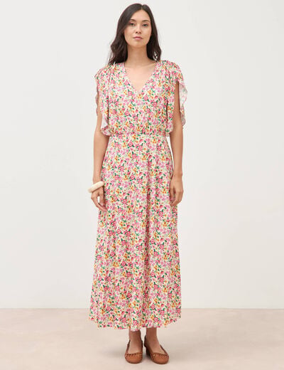Robe fluide col v manches courtes multicolore femme