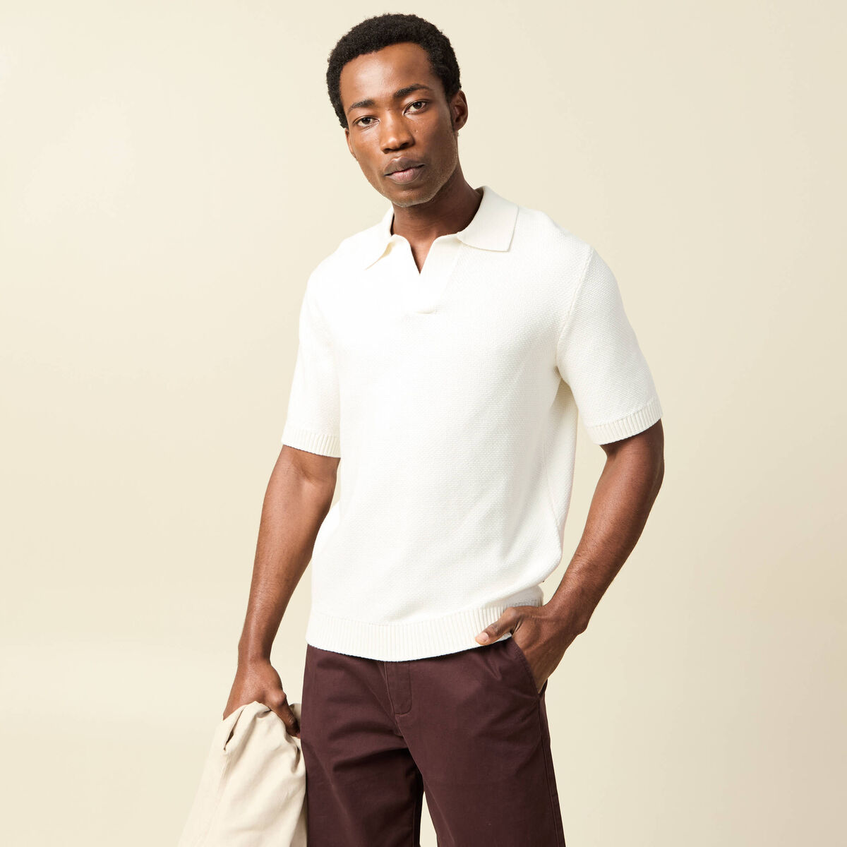 Polo ample col cubain manches courtes ecru homme