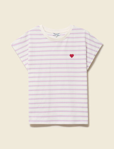 T-shirt ray&eacute; col rond manches courtes creme femme
