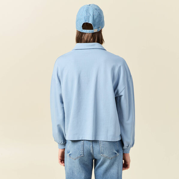 Sweat manches longues col polo bleu clair femme