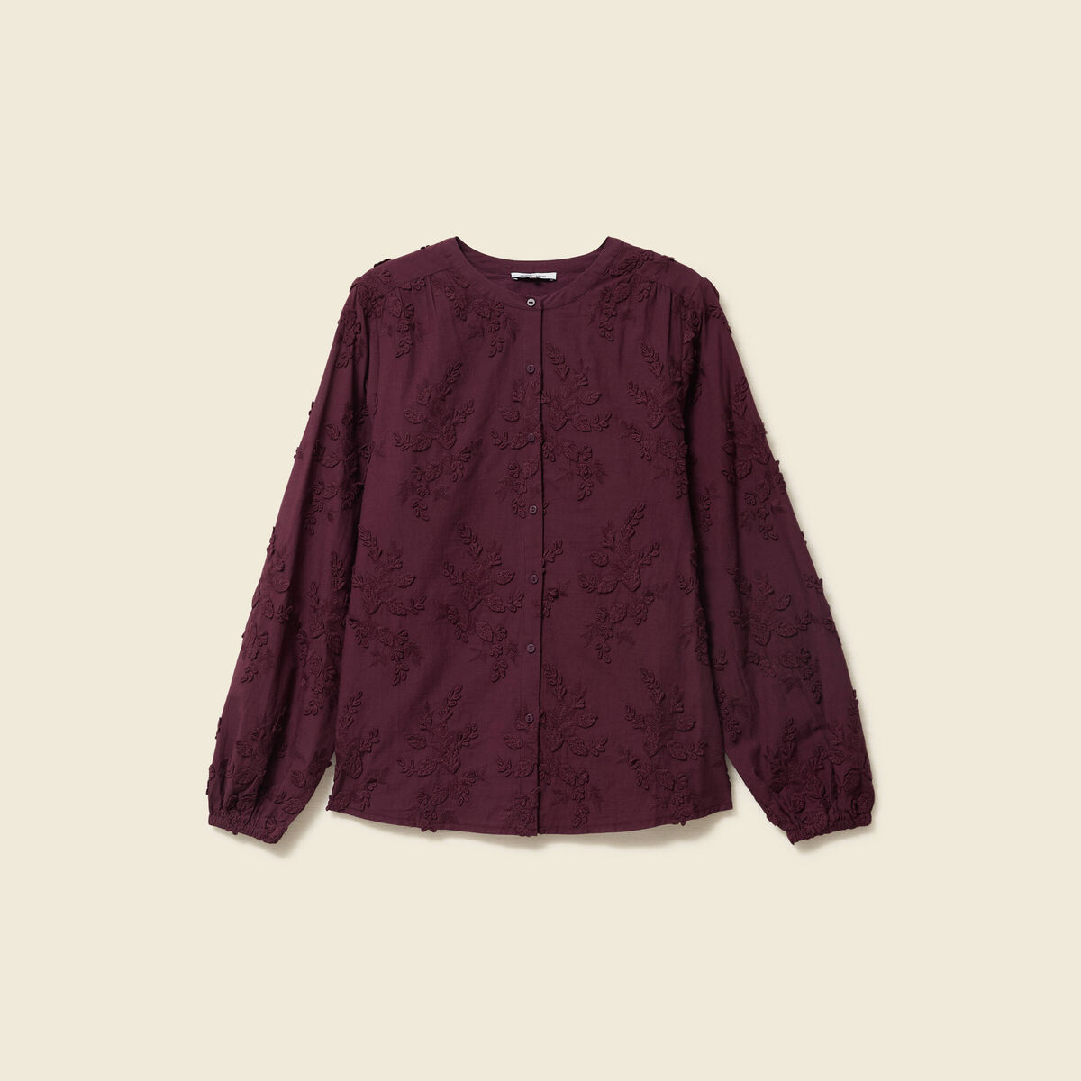Chemise col rond manches longues brod&eacute;e prune femme
