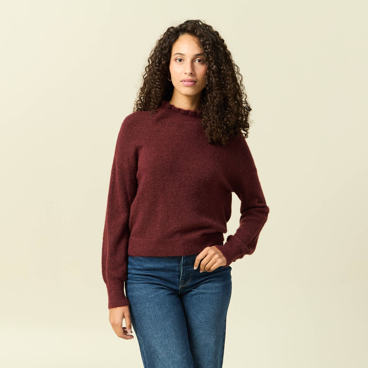 Pull col montant manches longues bordeaux femme