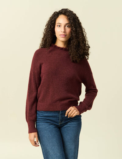 Pull col montant manches longues bordeaux femme