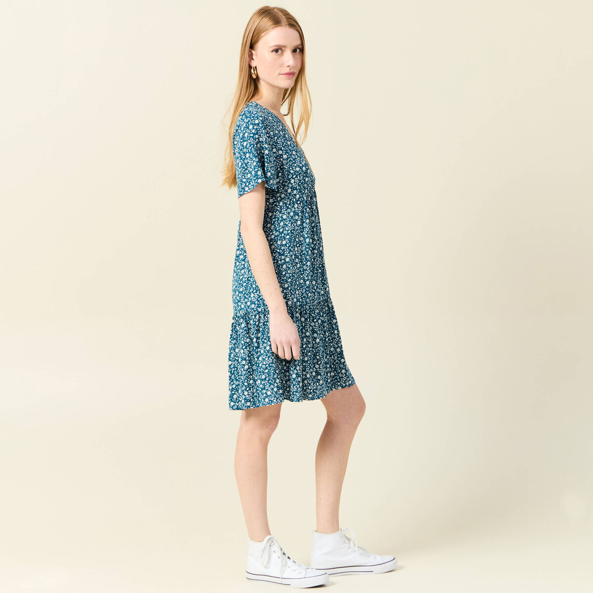 Robe évasée manches courtes bleu femme