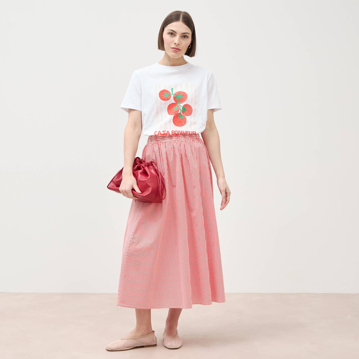 T-shirt &agrave; motif en coton manches courtes blanc femme