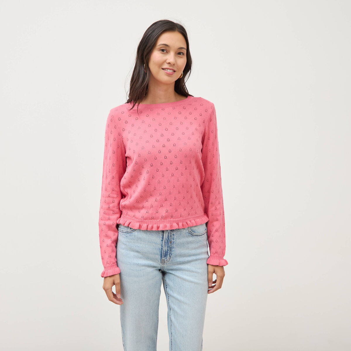 Pull droit col rond manches longues vieux rose femme