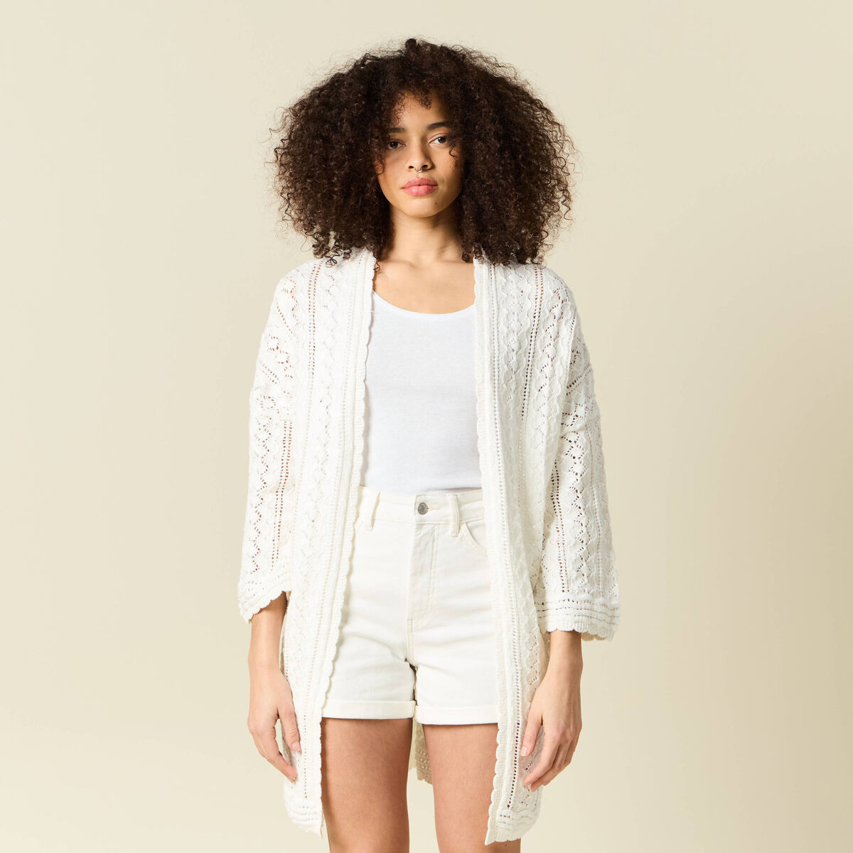 Gilet long ajour&eacute; ecru femme