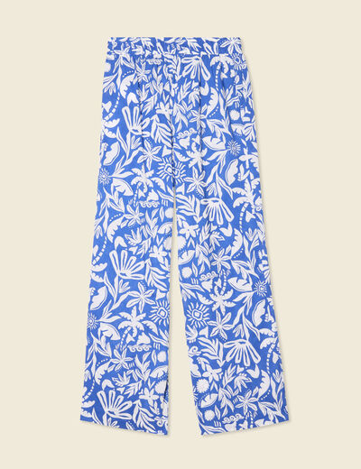 Pantalon large taille haute bleu femme