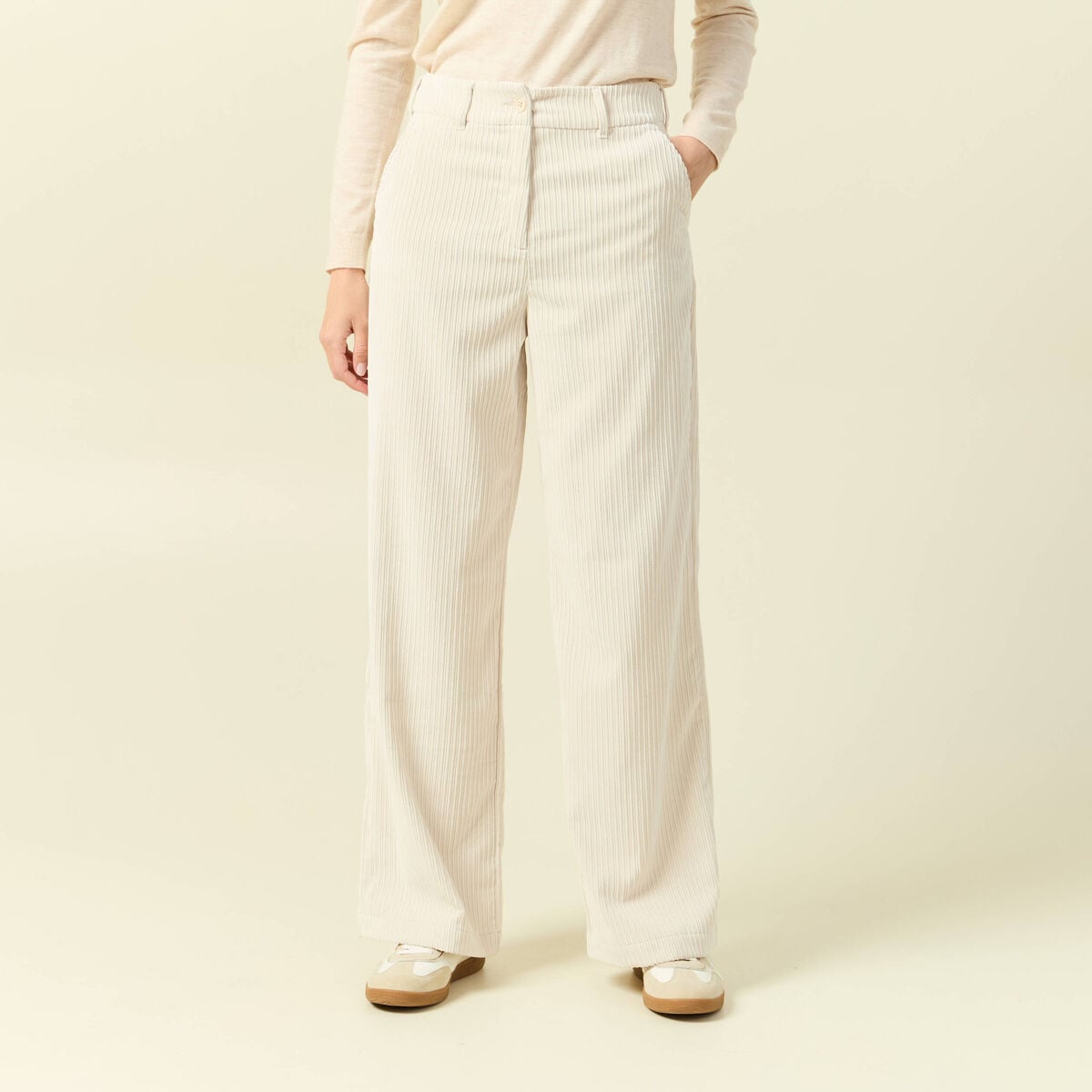 Pantalon large taille haute en velours creme femme