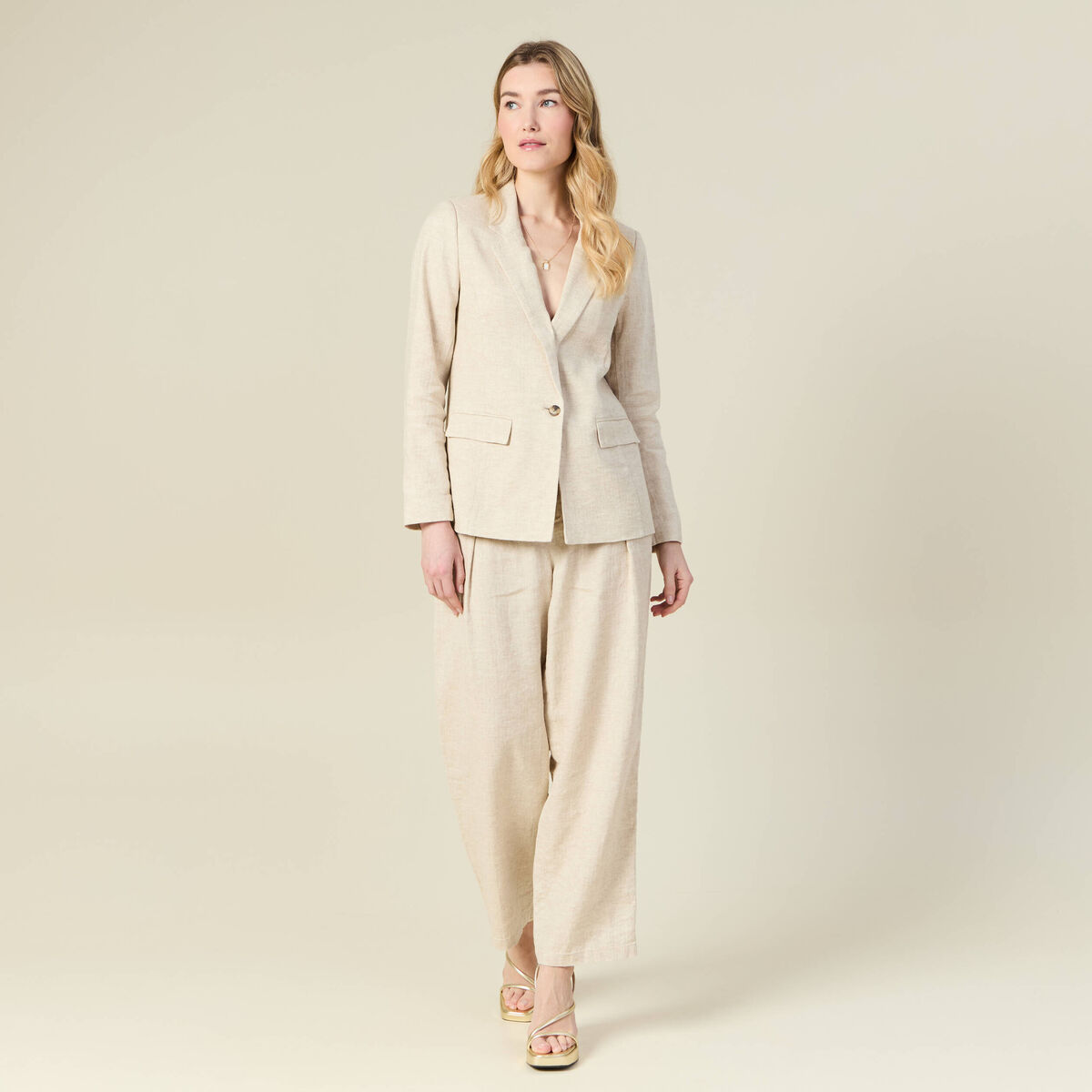 Pantalon large taille haute sable femme