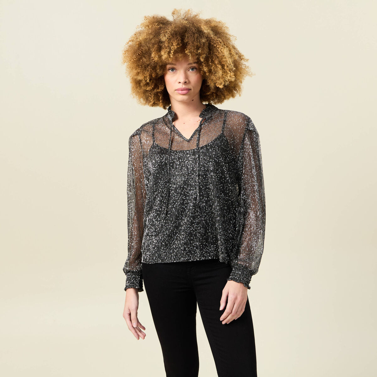 T-shirt manches longues brillant noir femme