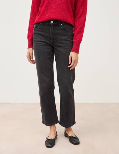 Jeans straight 7/8&egrave;me taille haute denim noir femme