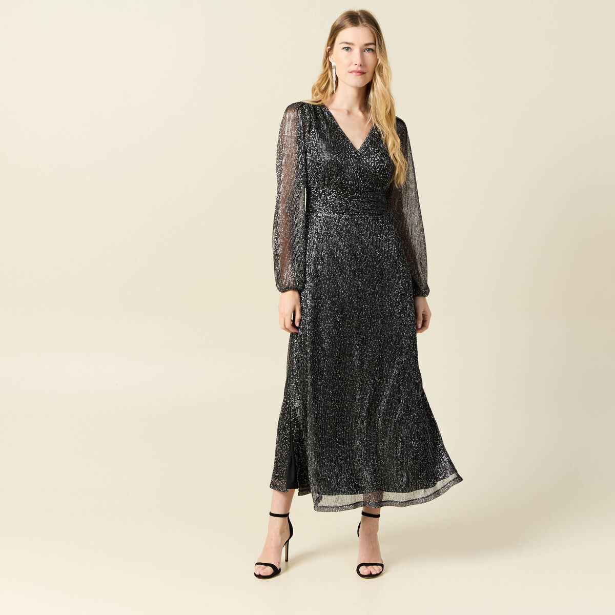 Robe longue fils métallisés noir femme