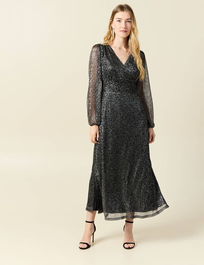 Robe longue fils métallisés noir femme