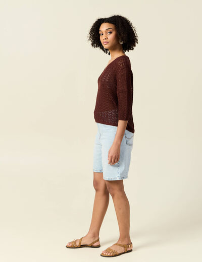 Pull manches 3/4 ajouré bordeaux femme