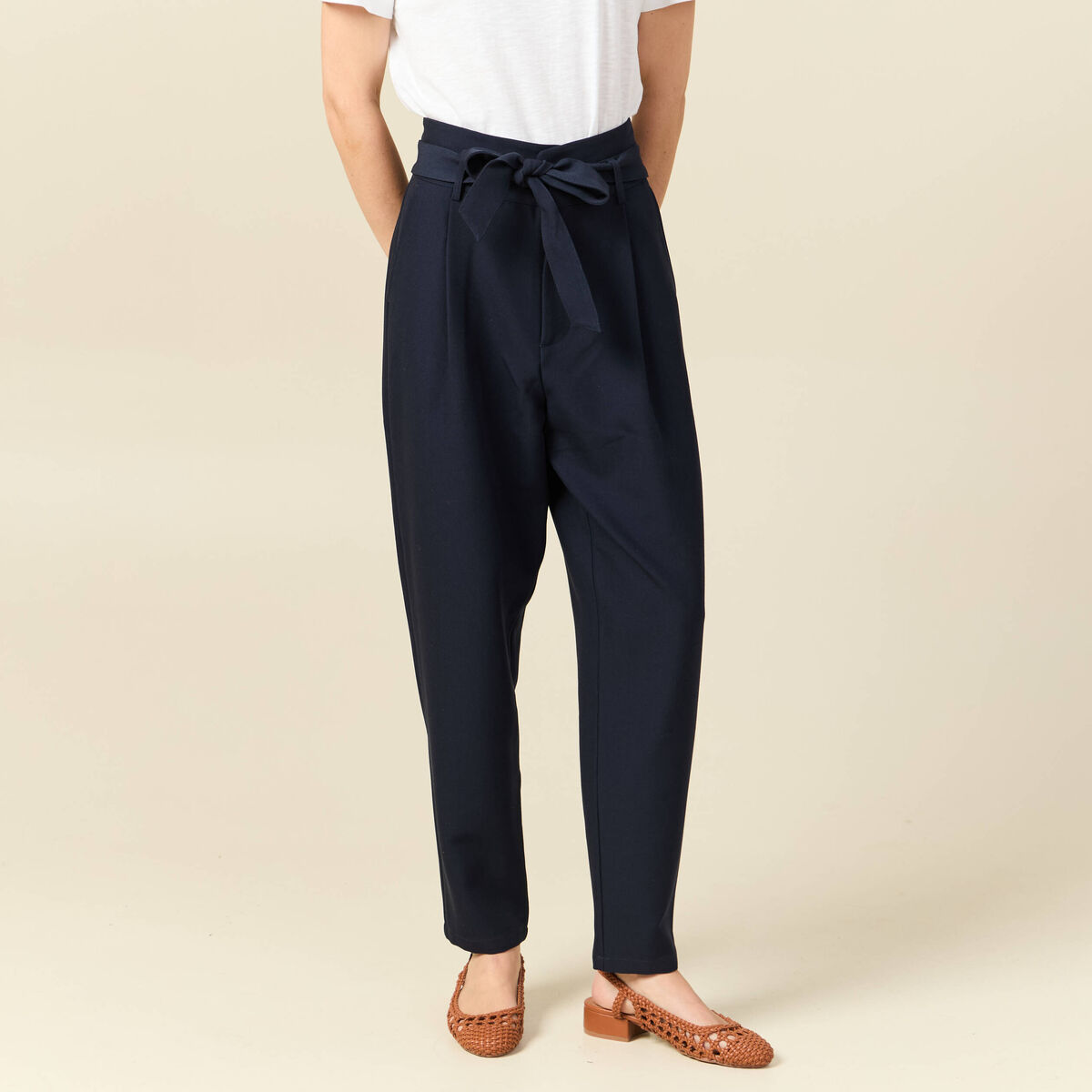 Pantalon carotte taille haute bleu marine femme