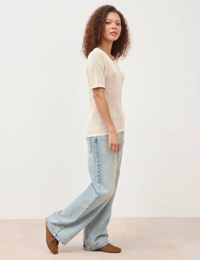Pull droit court manches courtes ecru femme