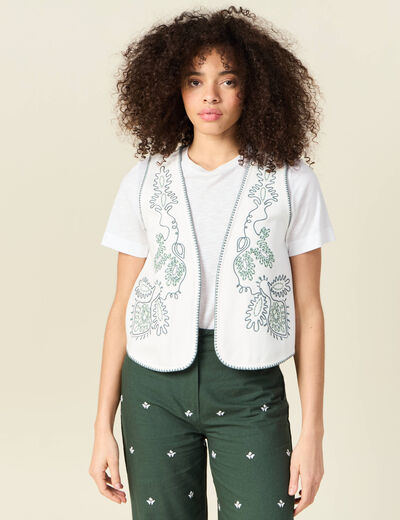 Gilet sans manches brod&eacute; ecru femme